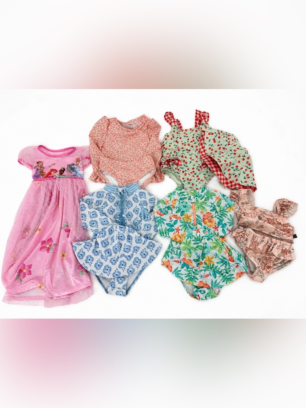 Girls Floral & Patterned One-Piece Swimsuit Set — Mint, Blue, Pink